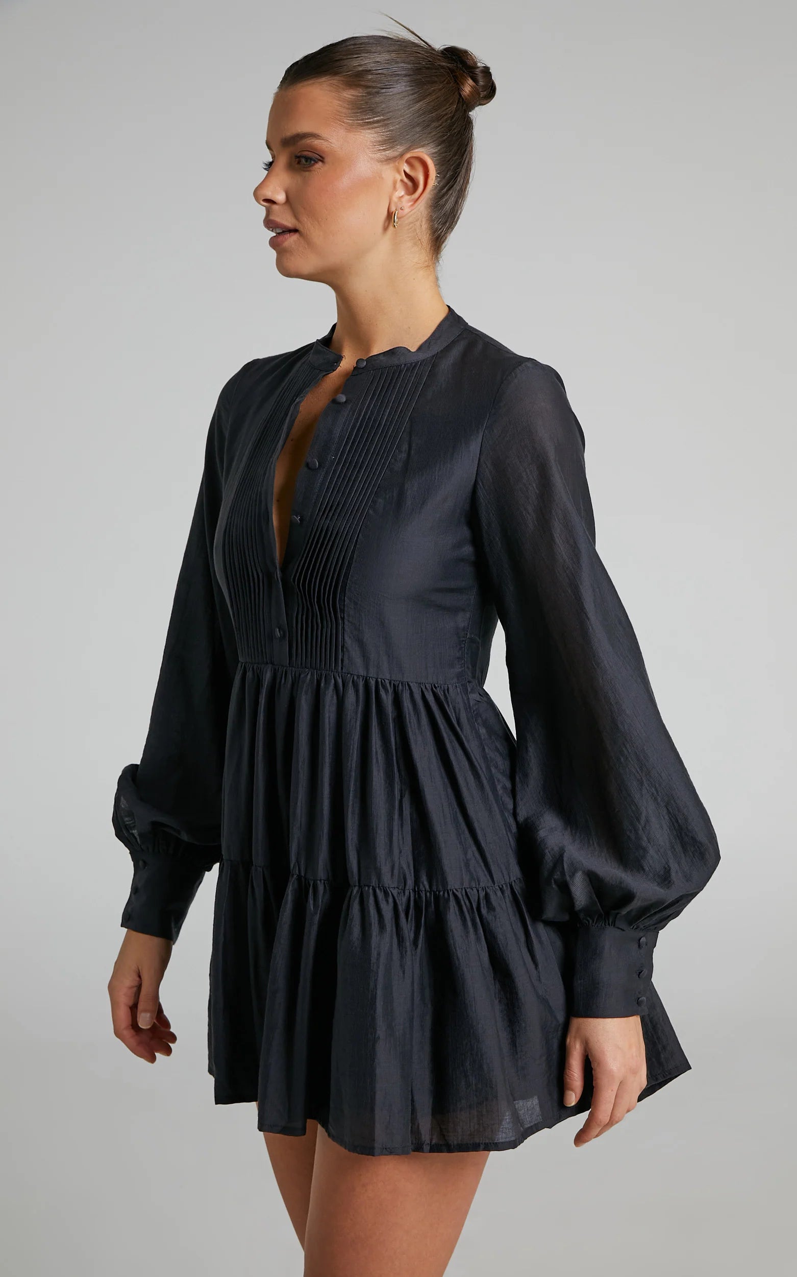 Pin Tuck Detail Tiered Shirt Dress in Black