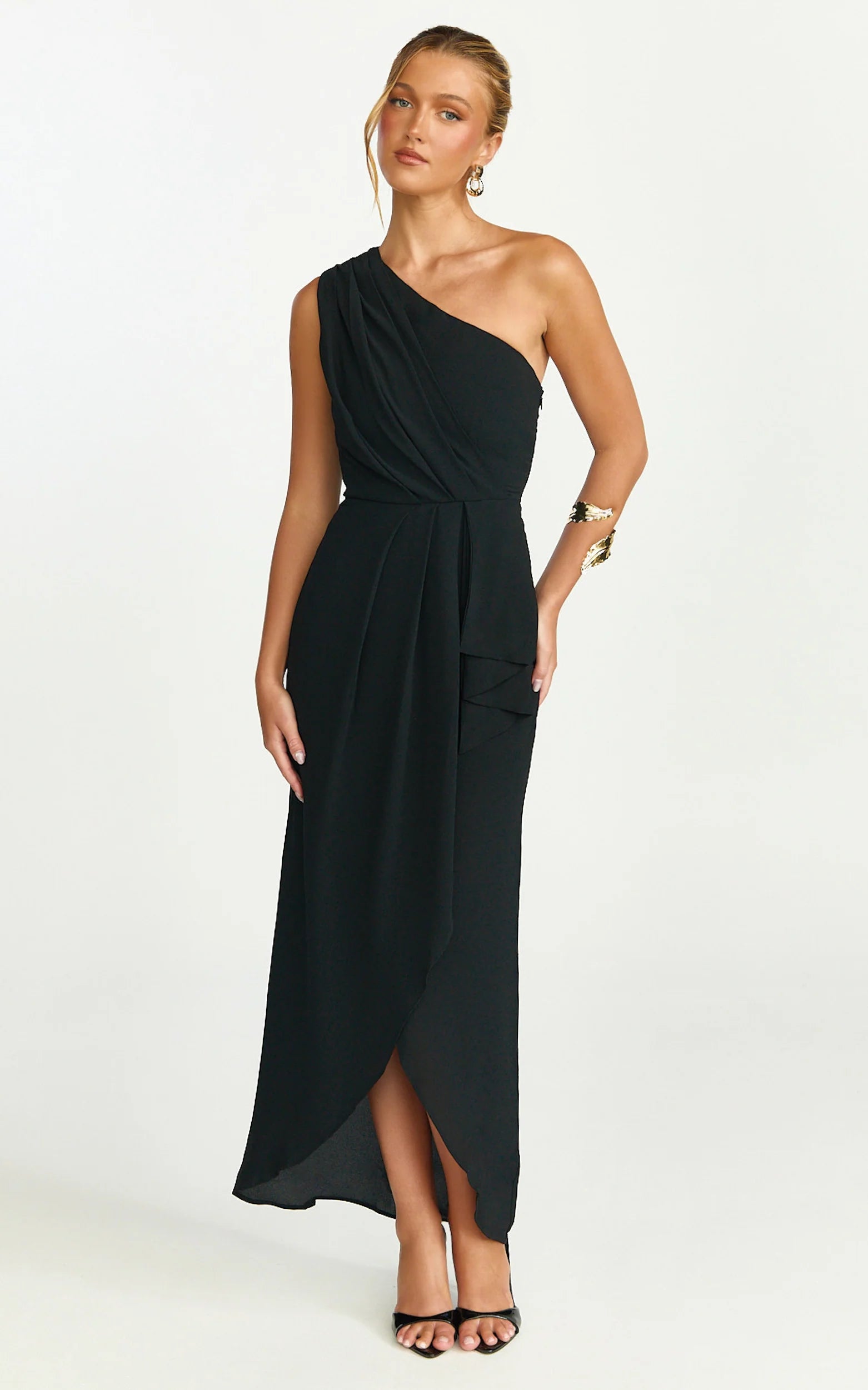 Faux Wrap One Shoulder Dress in Black